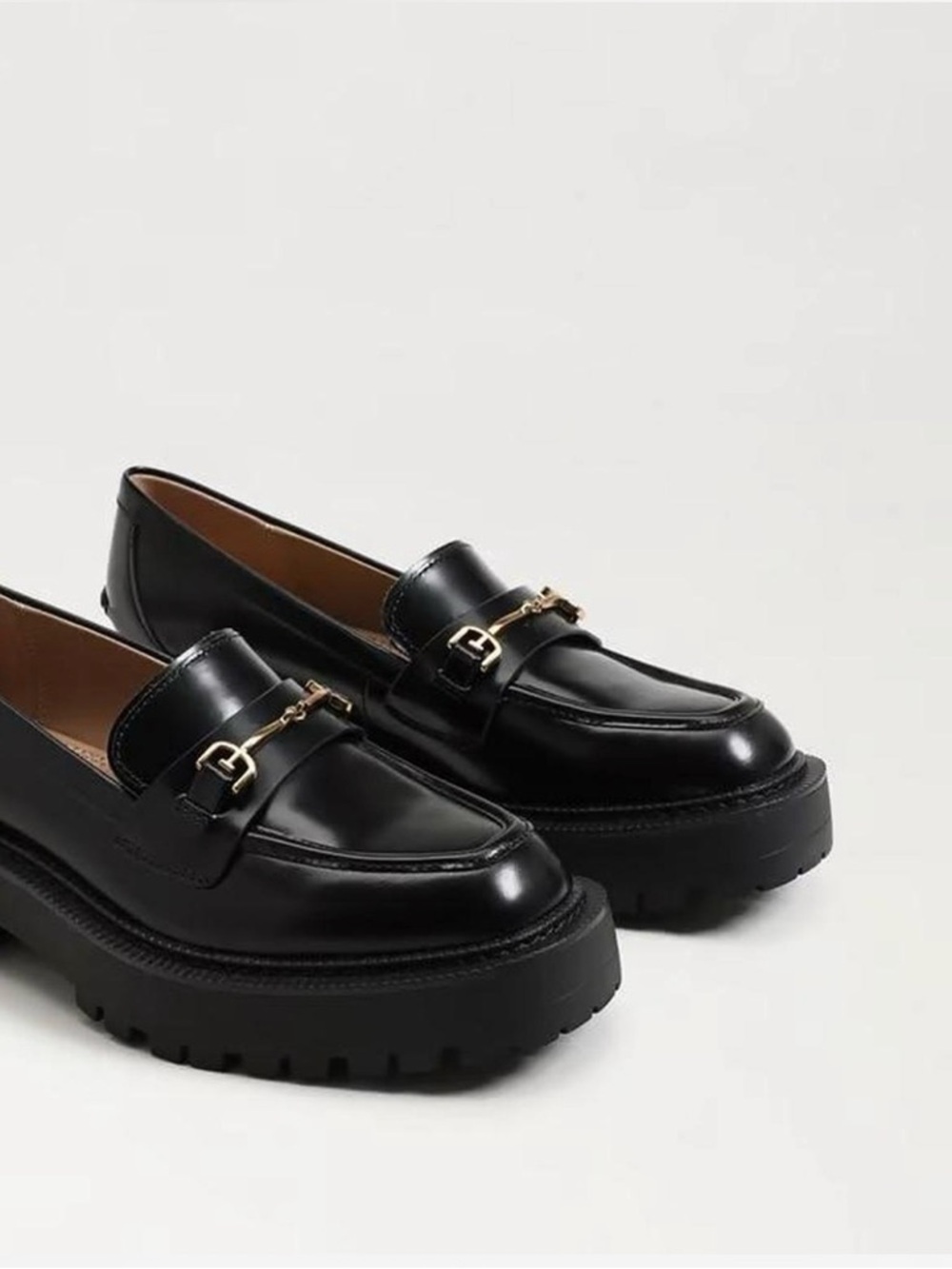 Sam Edelman Black Leather Lug-Sole Loafers with Gold Bit - Size 6.5